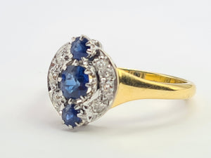 9102: Antique: 18ct Gold Art Deco Cornflower Blue Sapphires Diamonds Geometric Set Ring - almost 100 years