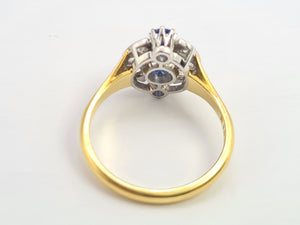 9102: Antique: 18ct Gold Art Deco Cornflower Blue Sapphires Diamonds Geometric Set Ring - almost 100 years