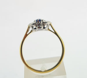 9102: Antique: 18ct Gold Art Deco Cornflower Blue Sapphires Diamonds Geometric Set Ring - almost 100 years