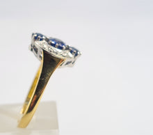 Load image into Gallery viewer, 9102: Antique: 18ct Gold Art Deco Cornflower Blue Sapphires Diamonds Geometric Set Ring - almost 100 years
