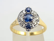 Load image into Gallery viewer, 9102: Antique: 18ct Gold Art Deco Cornflower Blue Sapphires Diamonds Geometric Set Ring - almost 100 years
