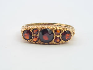 A0034: Vintage; 9ct Gold 7 Red Garnets "Boat" Style Ring- Date Mark 1979