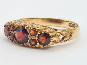 A0034: Vintage; 9ct Gold 7 Red Garnets "Boat" Style Ring- Date Mark 1979