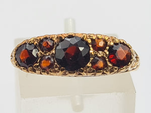 A0034: Vintage; 9ct Gold 7 Red Garnets "Boat" Style Ring- Date Mark 1979