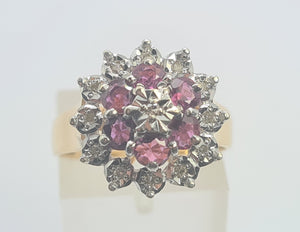 0072: Vintage: 9ct Gold Rubies Diamonds Cluster Ring- Date Mark 1977- sparkling Seventies statement