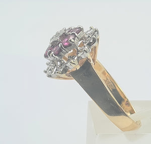 0072: Vintage: 9ct Gold Rubies Diamonds Cluster Ring- Date Mark 1977- sparkling Seventies statement