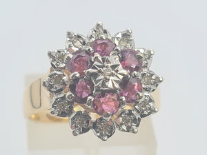 0072: Vintage: 9ct Gold Rubies Diamonds Cluster Ring- Date Mark 1977- sparkling Seventies statement