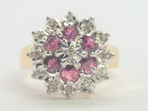 0072: Vintage: 9ct Gold Rubies Diamonds Cluster Ring- Date Mark 1977- sparkling Seventies statement