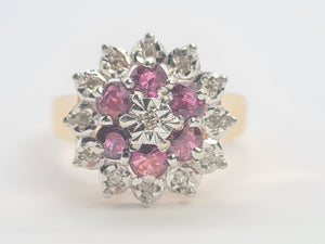 0072: Vintage: 9ct Gold Rubies Diamonds Cluster Ring- Date Mark 1977- sparkling Seventies statement