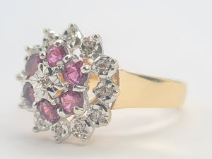 0072: Vintage: 9ct Gold Rubies Diamonds Cluster Ring- Date Mark 1977- sparkling Seventies statement