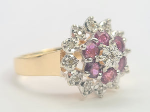 0072: Vintage: 9ct Gold Rubies Diamonds Cluster Ring- Date Mark 1977- sparkling Seventies statement