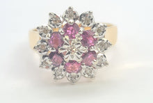 Load image into Gallery viewer, 0072: Vintage: 9ct Gold Rubies Diamonds Cluster Ring- Date Mark 1977- sparkling Seventies statement
