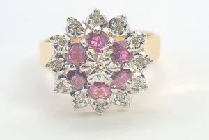 0072: Vintage: 9ct Gold Rubies Diamonds Cluster Ring- Date Mark 1977- sparkling Seventies statement