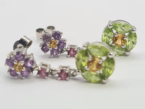 0178: Vintage: 18ct White Gold Multi-Gems Drop Earrings- beautifully paired