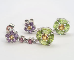 0178: Vintage: 18ct White Gold Multi-Gems Drop Earrings- beautifully paired