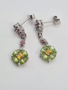 0178: Vintage: 18ct White Gold Multi-Gems Drop Earrings- beautifully paired