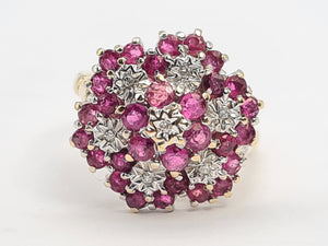 A0003: Vintage: 9ct Gold Rubies (30) diamonds (7) Floral Cluster Ring- Splendid