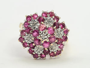 A0003: Vintage: 9ct Gold Rubies (30) diamonds (7) Floral Cluster Ring- Splendid