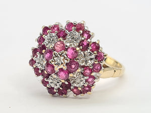 A0003: Vintage: 9ct Gold Rubies (30) diamonds (7) Floral Cluster Ring- Splendid