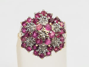 A0003: Vintage: 9ct Gold Rubies (30) diamonds (7) Floral Cluster Ring- Splendid