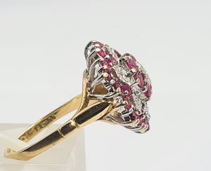 A0003: Vintage: 9ct Gold Rubies (30) diamonds (7) Floral Cluster Ring- Splendid