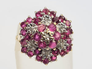 A0003: Vintage: 9ct Gold Rubies (30) diamonds (7) Floral Cluster Ring- Splendid