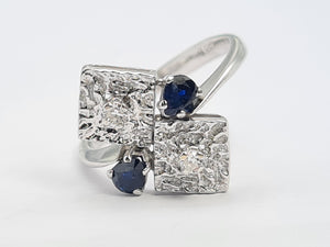 A0006: Vintage: 18ct White Gold Art Deco Design Blue Sapphires Diamonds Ring- Geometric set