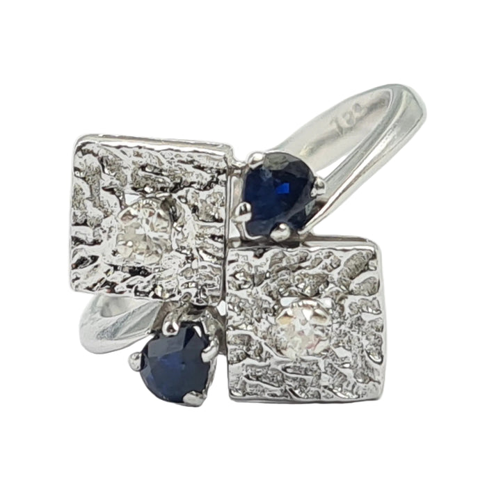Vintage: 18ct White Gold Art Deco Blue Sapphire & Diamond Geometric Ring