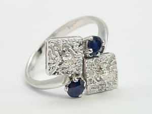 A0006: Vintage: 18ct White Gold Art Deco Design Blue Sapphires Diamonds Ring- Geometric set