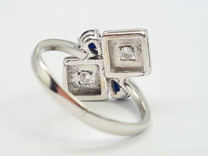 A0006: Vintage: 18ct White Gold Art Deco Design Blue Sapphires Diamonds Ring- Geometric set