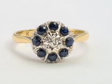 Load image into Gallery viewer, A0014: Vintage: 18ct Gold Diamond Blue Sapphires Daisy Ring
