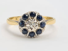 Load image into Gallery viewer, A0014: Vintage: 18ct Gold Diamond Blue Sapphires Daisy Ring
