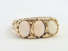 Load image into Gallery viewer, 0170: Vintage: 9ct Gold Cabochon White Opal Trilogy Ring- Date Mark 1974 -50 years old
