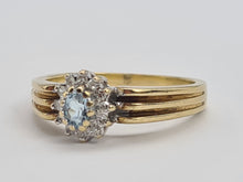 Load image into Gallery viewer, 0326: Vintage: 9ct Gold Blue Aquamarine 12 Diamonds Daisy Ring- sparkling beauty
