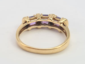 0345: Vintage: 9ct Gold Rich Purple Amethyst Trilogy Diamonds Dress Ring-