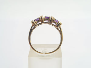 0345: Vintage: 9ct Gold Rich Purple Amethyst Trilogy Diamonds Dress Ring-