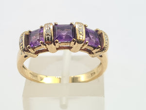 0345: Vintage: 9ct Gold Rich Purple Amethyst Trilogy Diamonds Dress Ring-