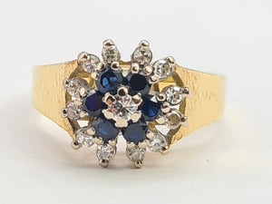 0346: Vintage: 18ct Gold French Blue Sapphires Diamonds Flower Head Ring- dates from 1960's -