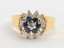 Load image into Gallery viewer, 0346: Vintage: 18ct Gold French Blue Sapphires Diamonds Flower Head Ring- dates from 1960&#39;s -
