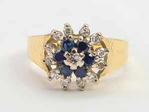 0346: Vintage: 18ct Gold French Blue Sapphires Diamonds Flower Head Ring- dates from 1960's -