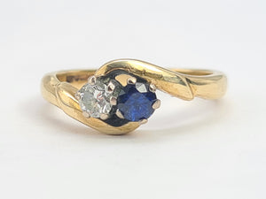 Vintage: 9ct Gold Sapphire Diamond (0.18ct)"Duo Toi et Moi" Ring- Date Mark 1993