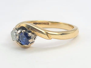 Vintage: 9ct Gold Sapphire Diamond (0.18ct)"Duo Toi et Moi" Ring- Date Mark 1993