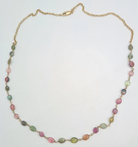 0282: Vintage: 9ct Gold 27 Tourmaline Beads Rainbow Necklace (48cm)