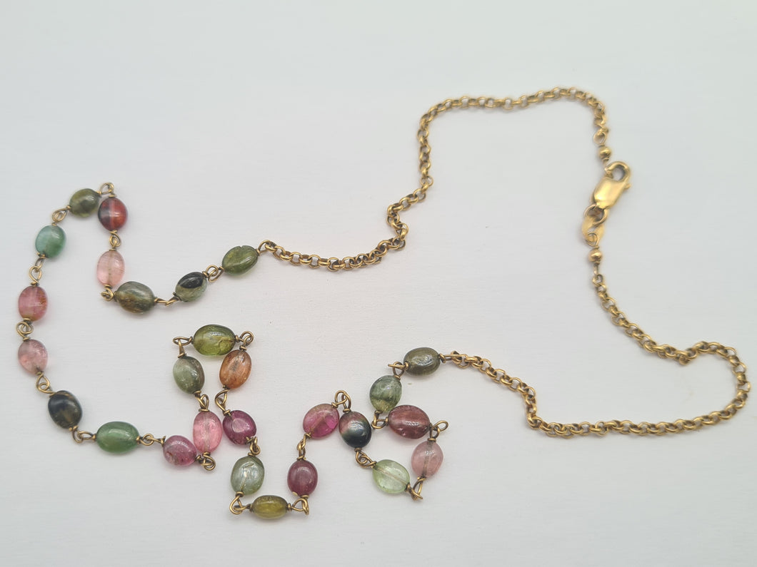 0282: Vintage: 9ct Gold 27 Tourmaline Beads Rainbow Necklace (48cm)