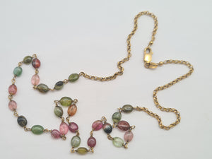 0282: Vintage: 9ct Gold 27 Tourmaline Beads Rainbow Necklace (48cm)