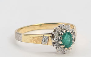 0234: Vintage: Petite 9ct Gold Emerald 12 Diamonds Cluster Ring