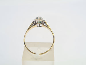 0234: Vintage: Petite 9ct Gold Emerald 12 Diamonds Cluster Ring