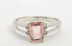 0351: Vintage: 14ct White Gold Emerald Cut Pink Morganite Diamonds Cocktail Ring