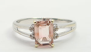 0351: Vintage: 14ct White Gold Emerald Cut Pink Morganite Diamonds Cocktail Ring