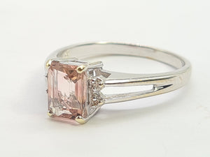 0351: Vintage: 14ct White Gold Emerald Cut Pink Morganite Diamonds Cocktail Ring